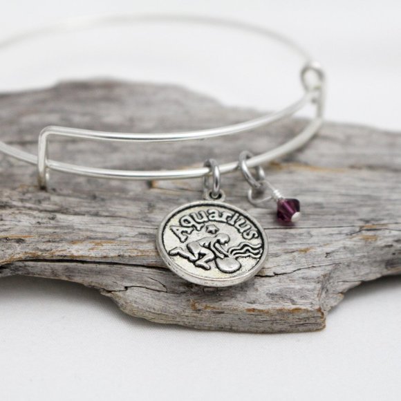 February Aquarius Adjustable Charm Bangle - Handmade Zodiac Bracelet - Picture 3 of 10